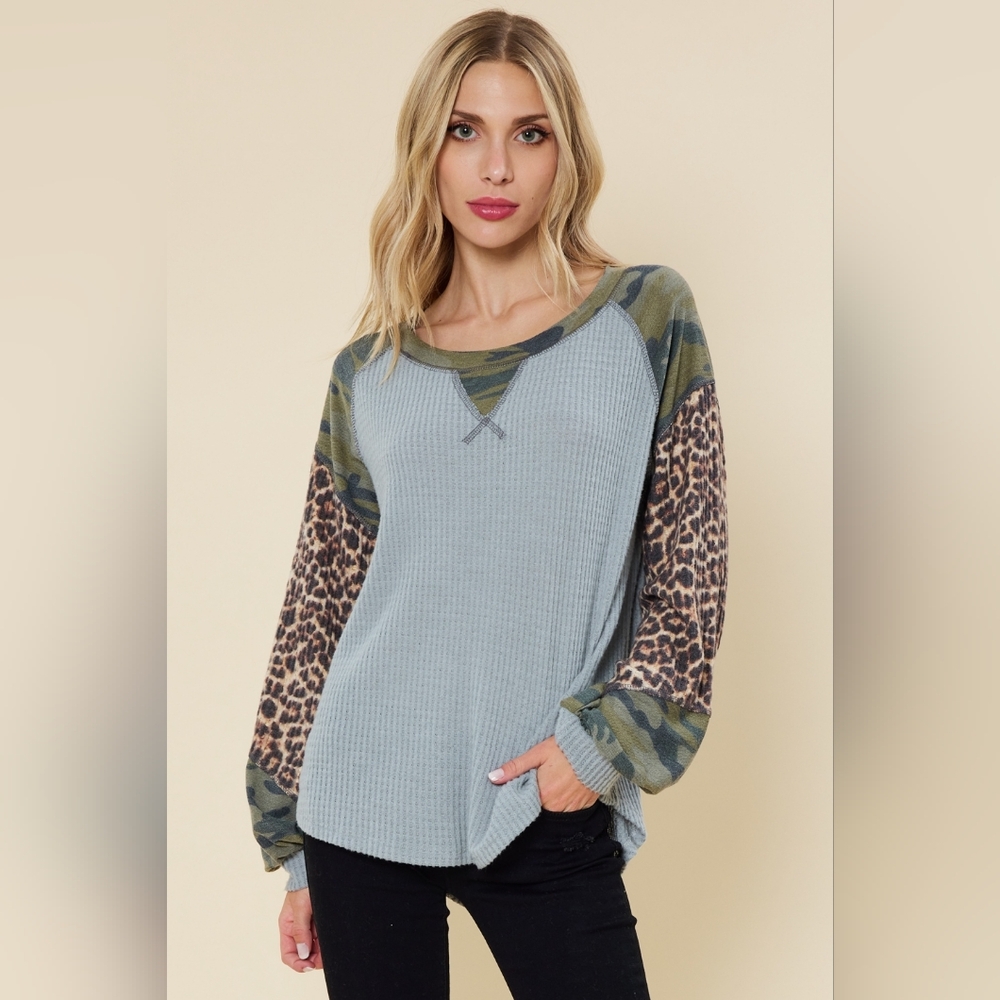 Patchwork Animal Print Camo Thermal Long Sleeve Tee Top Grey